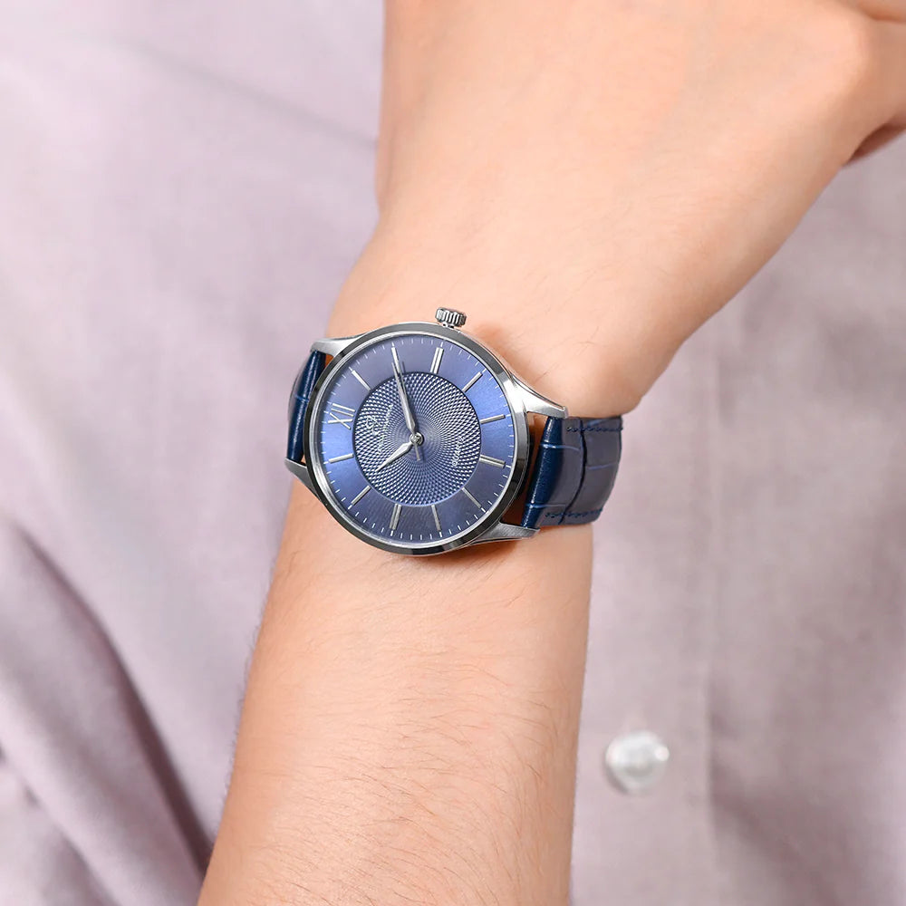 OROLOGIO UOMO IN ACCIAIO CINTURINO PELLE BLU - LUCA BARRA