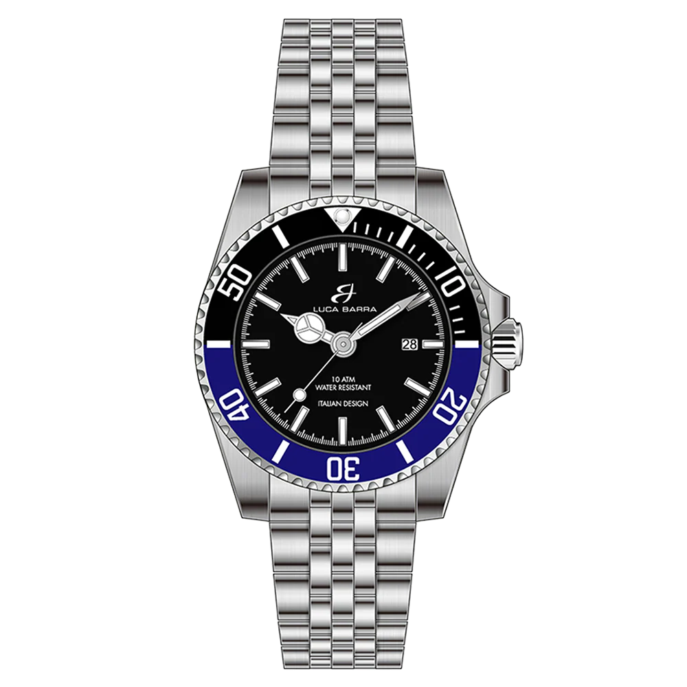 OROLOGIO CON CASSA IN ACCIAIO QUADRANTE NERO GHIERA NERA E BLU